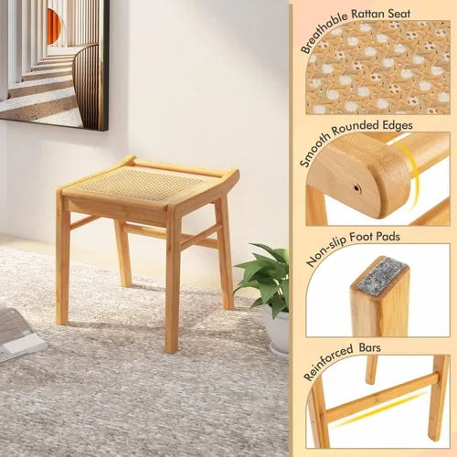 Vista 6 de CHARMAID Taburete de tocador, reposapiés otomano de bambú con asiento de ratán, almohadillas antideslizantes, banco de silla de tocador