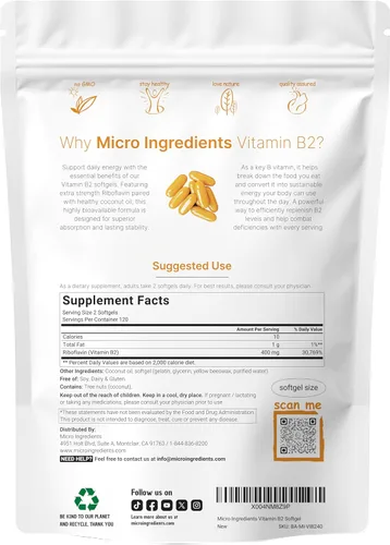 Vista 2 de Vitamina B2, riboflavina 400 mg 240 cápsulas blandas con aceite de coco Altamente biodisponible Suplementos energéticos de vitamina B extra