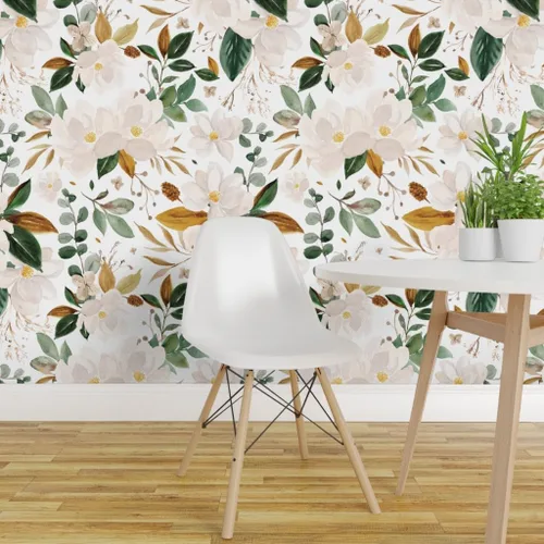 Vista 3 de Muestra de papel tapiz extraíble - Magnolias florales doradas flores blancas papel pintado prepegado personalizado por Spoonflower