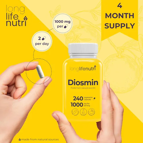Vista 5 de Diosmin Fórmula avanzada de 1000 mg – 240 cápsulas para apoyo de salud circulatoria, suministro de 4 meses, sin OMG, fabricado en Estados Unidos