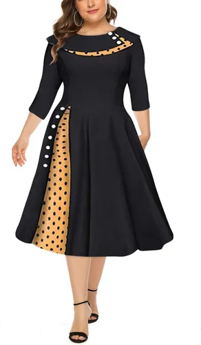 Vista 2 de Ropa de otoño para mujer, estilo retro, de manga larga, cuello redondo, color sólido, cintura con lunares