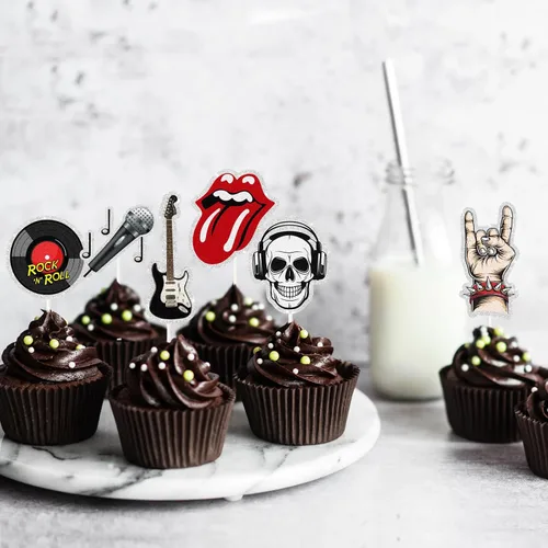 Vista 4 de Decoración para cupcakes de postre Rock and Roll, 18 piezas de decoración de pastel de cumpleaños con temática musical retro de los años 80
