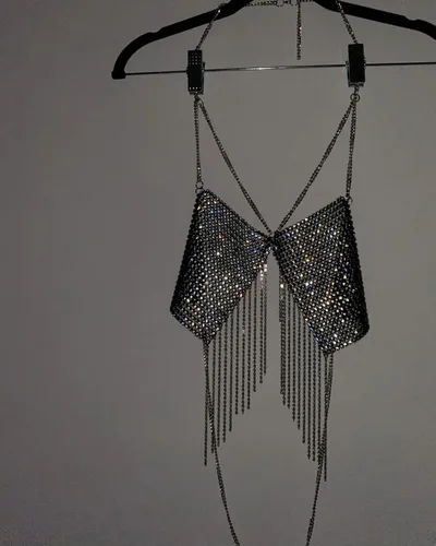 Vista 6 de Camiseta corta sin espalda con diamantes de imitación brillantes para mujer, sexy, halter, transparente, para salir por la noche, fiesta, club