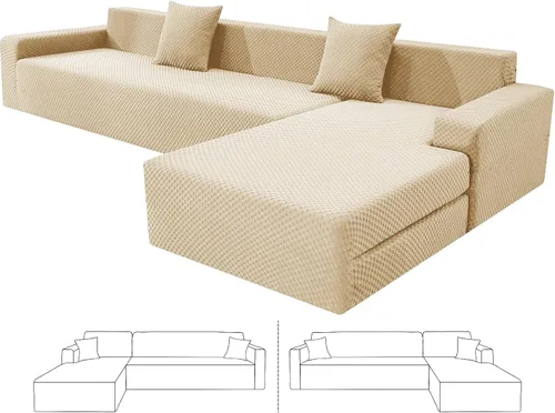 Vista 16 de ZNSAYOTX Fundas para sofá modular, fundas elásticas de jacquard con parte inferior elástica para sofá modular en forma de L, 2 protectores de sofá