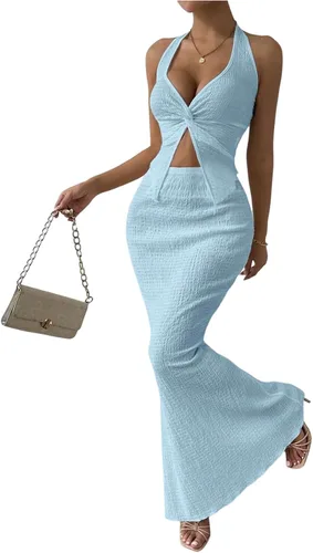 Vista 7 de SOLY HUX - Conjunto de dos piezas de verano para mujer, con parte superior tipo camisola con cuello halter, nudo frontal y falda marrón (Plain Brown)
