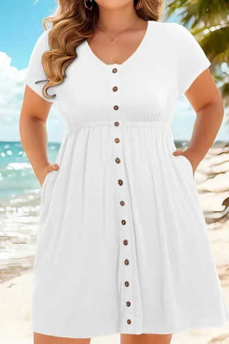 Vista 39 de Holipick Vestidos de verano para mujer, talla grande, casual, con bolsillos, acampanado, con botones, sin mangas, cuello en V