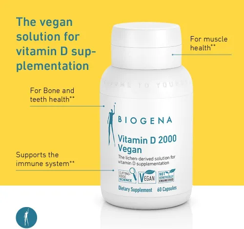 Vista 3 de Biogena Vitamina D 2000 Fórmula vegana – Suplemento de vitamina D3 solar para absorción de calcio, apoyo inmunológico – 60 cápsulas**