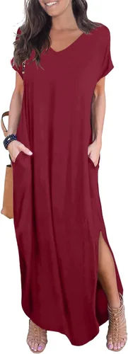 Vista 32 de GRECERELLE - Vestido largo para mujer, holgado, con bolsillos, manga corta y abertura lateral, estilo informal Verde militar