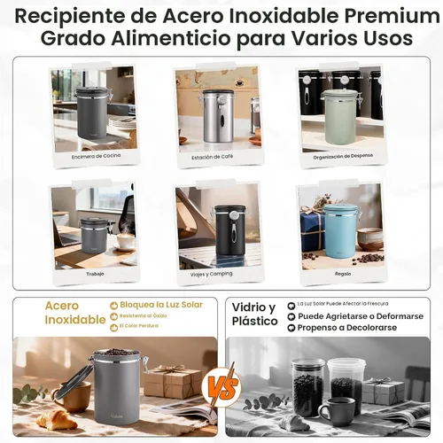 Vista 9 de Veken - Recipiente hermético para café de acero inoxidable, contenedor de almacenamiento de alimentos para la cocina con registro de fecha y cuchara
