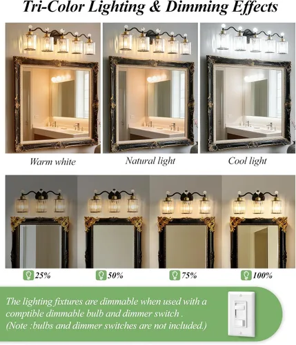 Vista 2 de Moderna lámpara de cristal para tocador de baño, 3 luces negras y doradas, lámparas de tocador sobre espejo, lámpara de pared de vidrio