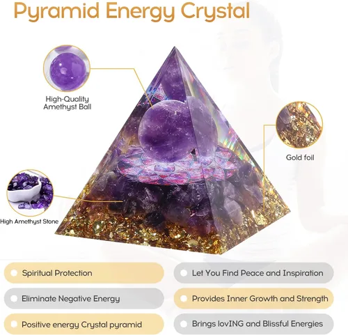 Vista 2 de Hopeseed Pirámide de orgón para energía positiva, cristales curativos de cristal de amatista natural de orgonita pirámide para reducir el estrés