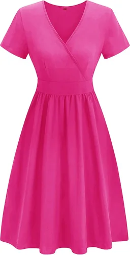 Vista 4 de VOTEPRETTY - Vestido cruzado de manga corta con cuello en V para mujer, vestido de verano informal con estampado floral y bolsillos