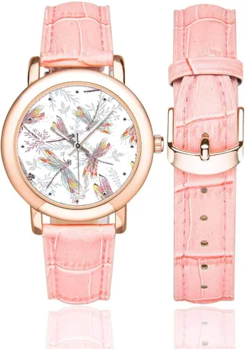 Vista 2 de InterestPrint Fashion Bicycle and Dragonfly - Reloj de pulsera para mujer, color rosa