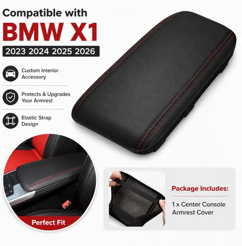 Vista 7 de Great-luck Funda de cuero para consola central, almohadilla para reposabrazos, accesorios de cubierta de caja (costuras rojas) para BMW X1 2023 2024
