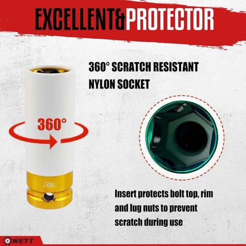 Vista 4 de WETT Juego de 4 piezas de 1/2 pulgada de tuerca de rueda con enchufe, protector de rueda de pared delgada con enchufe de impacto profundo, acero