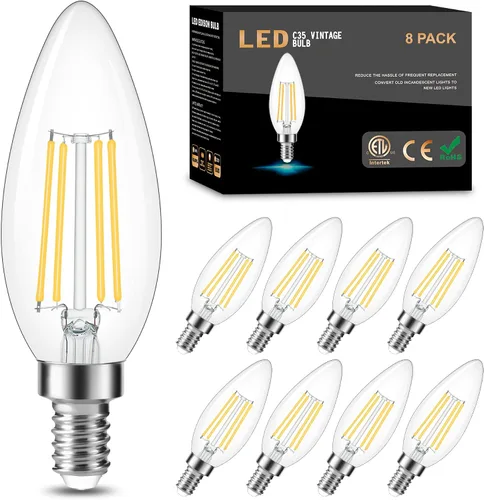 Vista 20 de Cotanic Bombilla LED regulable para candelabro de 2700 K, luz blanca cálida, base E12, equivalente a 60 W, bombilla tipo B con forma de vela
