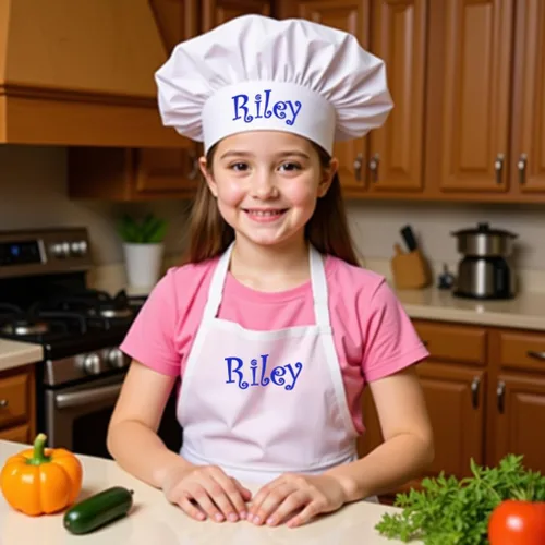 Vista 6 de Delantal bordado personalizado y sombrero de chef para niños y niñas, regalo divertido en la cocina (añade un juego de nombre, largo con sombrero)