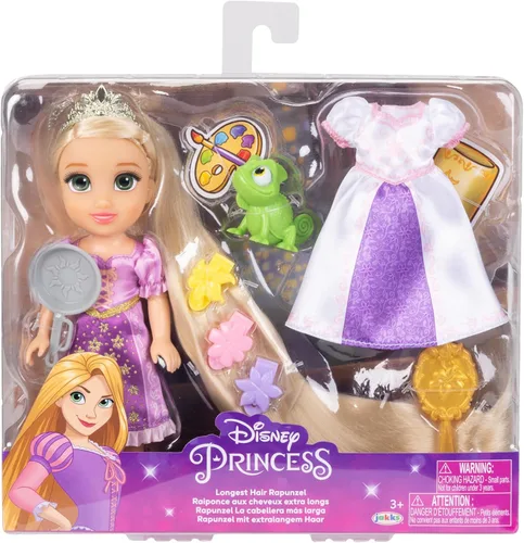Vista 6 de Disney Princess Rapunzel Doll Muñeca Rapunzel de pelo largo Petite con Pascal, en moda de vestir púrpura y blanco
