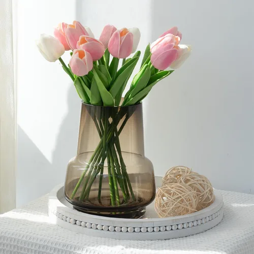 Vista 2 de Relexome Jarrón de cristal ámbar con diseño moderno, jarrón decorativo de boca ancha marrón, regalo para decoración del hogar, sala de estar, mesa