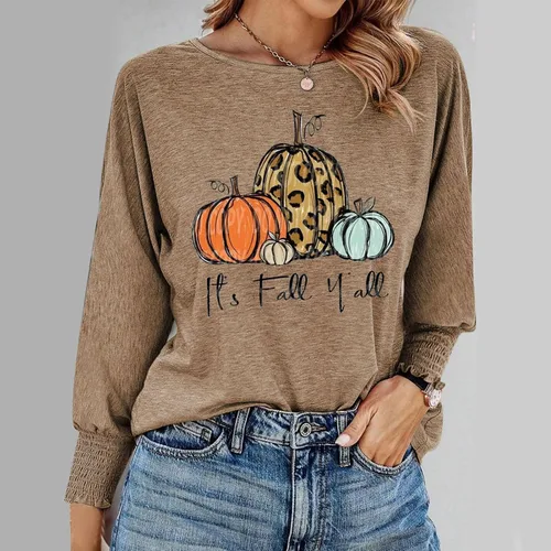 Vista 4 de Pumpkin Tops for Women Fashion Casual Long Sleeve Basic Shirt Round Neck Casual T-Shirts Fall Lightweight Pullover