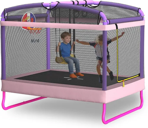 Vista 10 de Trampolín rectangular de 6.5 pies con columpio de baloncesto para escalada al aire libre para niños, trampolines de recreación con red de seguridad