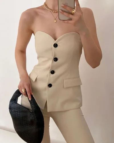 Vista 3 de Chaleco de traje sin tirantes para mujer, chaleco formal con botones en la parte delantera, chaleco con bolsillos