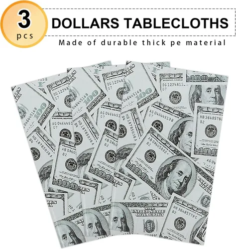 Vista 5 de PHOGARY Mantel de 3 piezas para decoración de fiesta temática de dinero, manteles de billetes de dólar, manteles de mesa de dinero para cumpleaños