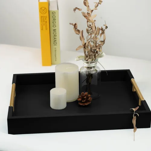 Vista 7 de Bandeja decorativa de madera para mesa auxiliar, bandeja de servicio con acabado mate de 16 pulgadas con asas para otomana, sala de estar, perfume