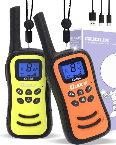 Vista 11 de QUOLIX Walkie Talkies para niños, paquete de 2 unidades, juguetes recargables para niños de 3 a 12 años, Walkie Talkie de largo alcance con 22