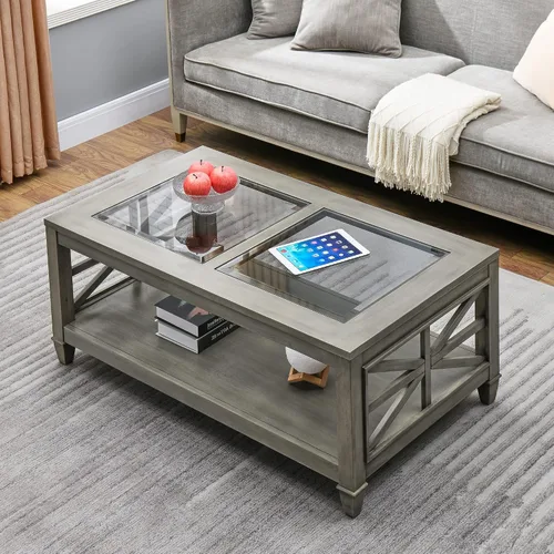 Vista 3 de Mesa de centro de madera maciza con tapa de vidrio templado, mesa rectangular para sala de estar con estante de almacenamiento de 2 neumáticos, mesa