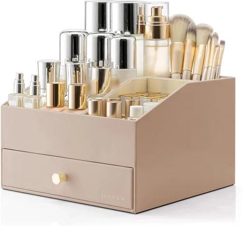 Vista 18 de Organizador de maquillaje Vlando, organizador para el cuidado de la piel para tocador, organizador de maquillaje de PU con cajones, estuche