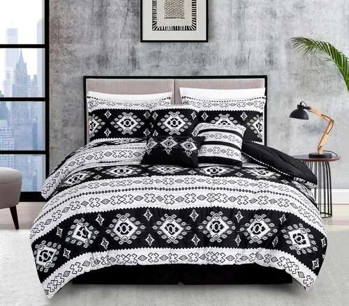 Vista 2 de Chezmoi Collection Indie - Juego de edredón azteca del suroeste de 7 piezas, ropa de cama de microfibra lavada con símbolos geométricos en blanco