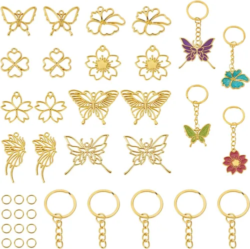 Vista 11 de Colgantes de bisel de aleación con parte trasera abierta, encantos de marco hueco dorado, estrella, mariposa, flor, corazón, lágrima, marco