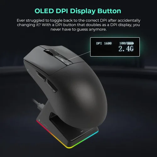 Vista 5 de TECWARE EX1 - Mouse ligero para juegos Mouse inalámbrico de 26 K DPI con pantalla OLED Diseño ultraligero de 2.08 oz Base de carga RGB Negro