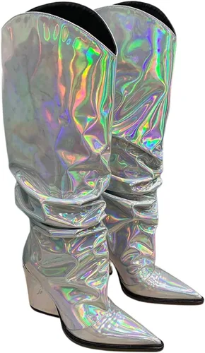 Vista 18 de Vertundy Botas altas hasta la rodilla metálicas con punta puntiaguda para mujer, botas altas de tacón alto de charol plisadas, botas largas plisadas