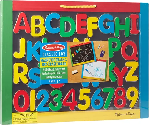 Vista 6 de Melissa & Doug Pizarra magnética y pizarra de borrado en seco con 36 imanes (números y letras mayúsculas), tiza, borrador y bolígrafo de borrado