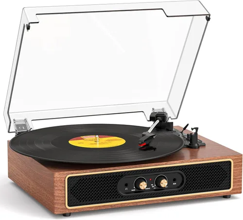 Vista 17 de Tocadiscos retro Bluetooth con altavoces integrados, tocadiscos de 3 velocidades por correa, control de graves y agudos, reproductor de vinilo Negro