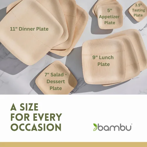 Vista 3 de Bambu, Platos cuadrados desechables de bambú de 11 pulgadas, orgánicos, biodegradables y ecológicos, platos para fiestas, bodas y eventos, ideales