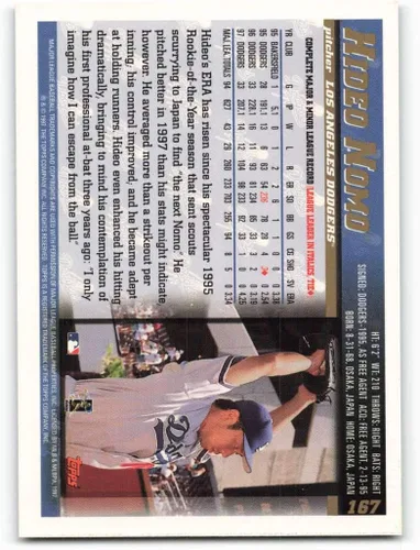 Vista 2 de 1998 Topps Series 1 Baseball #167 Hideo Nomo Los Angeles Dodgers Official MLB Trading Card (Stock Photo Shown, Card Near Mint or better)