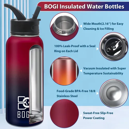 Vista 3 de BOGI Botella de agua aislada de 40 onzas, paquete de 2 botellas de agua de acero inoxidable al vacío de doble pared con popote y 3 tapas, botella