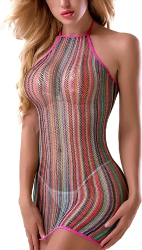 Vista 5 de FasiCat Lencería para mujer Rainbow Fishnet Babydoll Halter Stretch Chemise