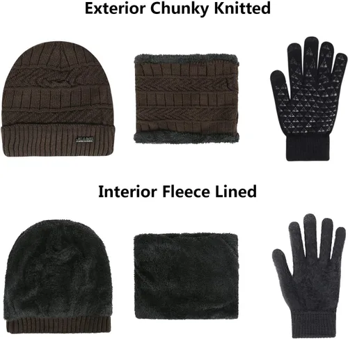 Vista 2 de 3-Pieces Winter Beanie Hats, Scarf and Touch Screen Gloves Set for Men and Women, Warm Knit Cap Set