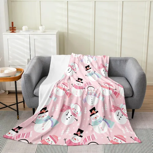 Vista 3 de jejeloiu Manta de Navidad rosa de 40 x 50 pulgadas, manta de franela de forro polar de franela de muñeco de nieve para sofá, árbol de Navidad, manta