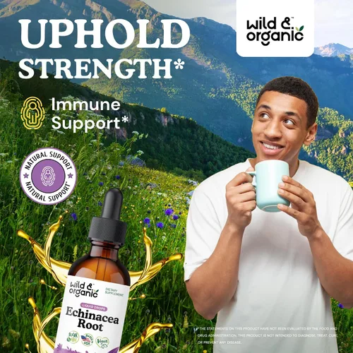 Vista 2 de Wild & Organic Tintura de equinácea - Suplementos de drenaje inmune y linfático - Gotas líquidas de hierbas de equinácea - Agregar al té - Extracto