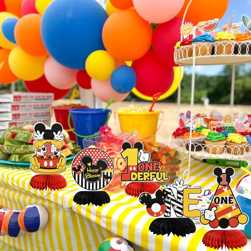Vista 6 de TONIFUL Centros de mesa con diseño de panal de ratón con temática de cumpleaños número uno en negro, rojo y amarillo, decoración de mesa con ratón