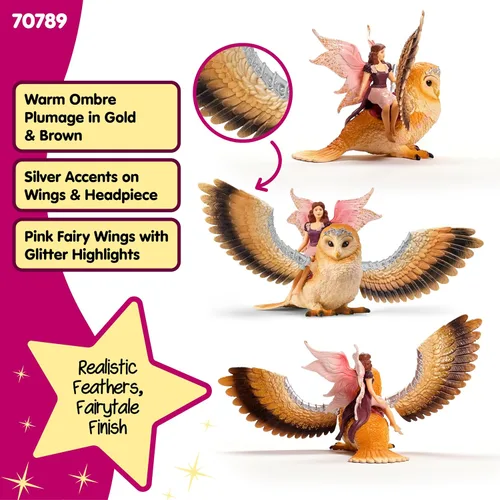 Vista 3 de schleich Bayala - Figura de hada en vuelo con búho glamoroso, juguete de hadas y pájaro mágico con alas móviles, juego de juguetes de fantasía