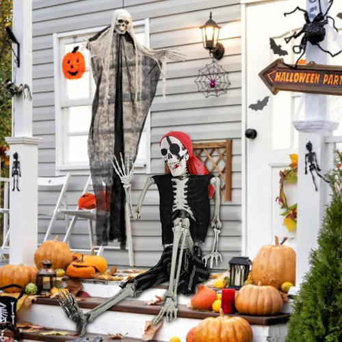 Vista 4 de Esqueleto de Halloween, esqueleto de imitación de tamaño natural de 25.6 in, huesos humanos realistas con articulaciones articuladas, estilo pirata