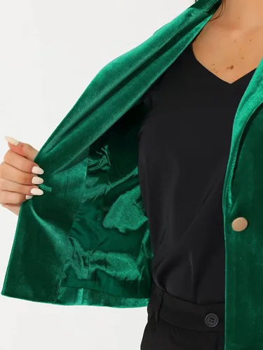 Vista 5 de Allegra K Chaqueta corta de terciopelo con 1 botón para mujer, con solapa, para negocios, oficina, Navidad