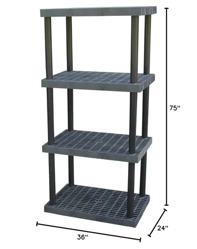 Vista 2 de Vestil PBSS-3624-4 Estante de plástico a granel y almacenamiento 4 estantes 24 pulgadas x 36 pulgadas x 75 pulgadas. 1000 libras. Capacidad negro