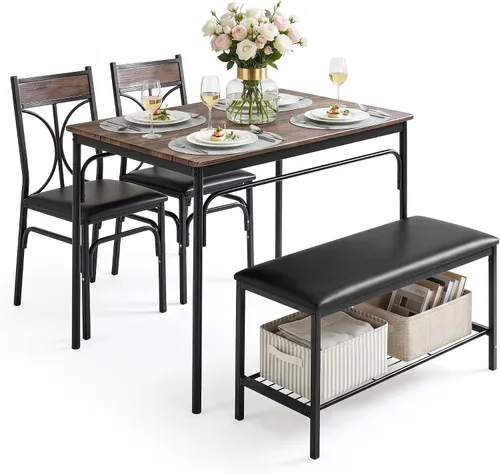 Vista 13 de VECELO Mesa de comedor de cocina con 2 sillas y banco, diseño compacto que ahorra espacio, marco de acero de fácil montaje, perfecta
